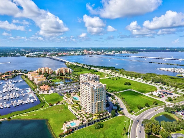 drone / aerial view with a water view