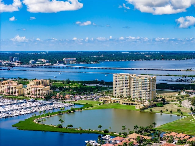 drone / aerial view with a water view