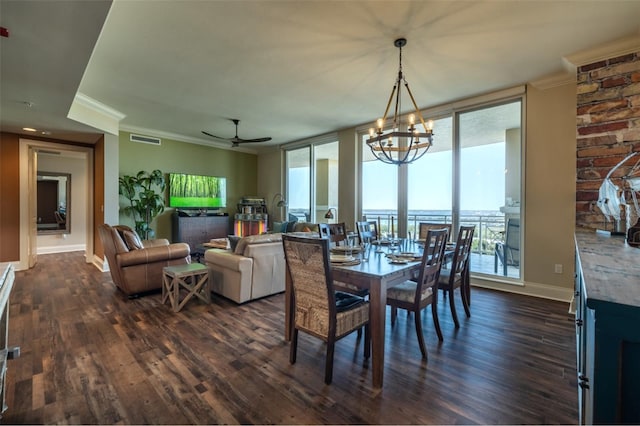 dining room featuring crown molding, floor to ceiling windows, dark hardwood / wood-style floors, and ceiling fan with notable chandelier