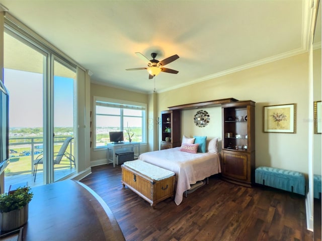 bedroom featuring ceiling fan, ornamental molding, dark hardwood / wood-style flooring, and access to exterior