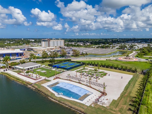 drone / aerial view featuring a water view