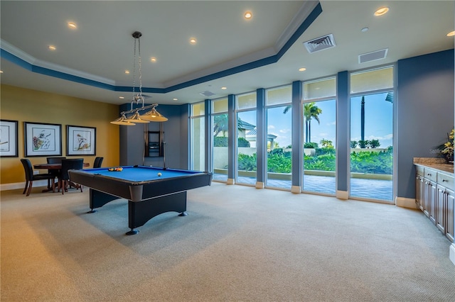 playroom featuring light carpet, a wall of windows, and a raised ceiling