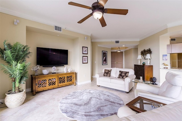 living room featuring ceiling fan and ornamental molding