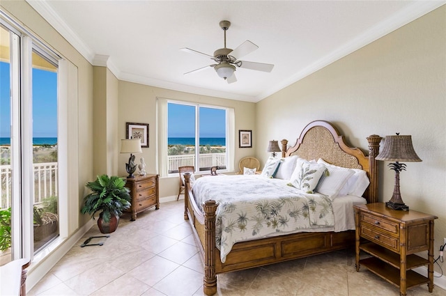 bedroom with ceiling fan, ornamental molding, and a water view