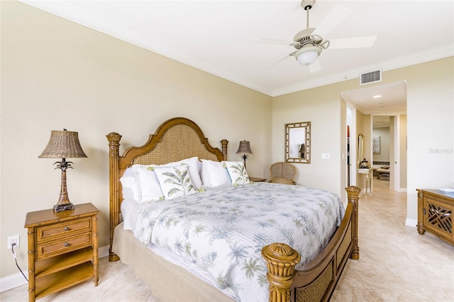 bedroom featuring ceiling fan and crown molding