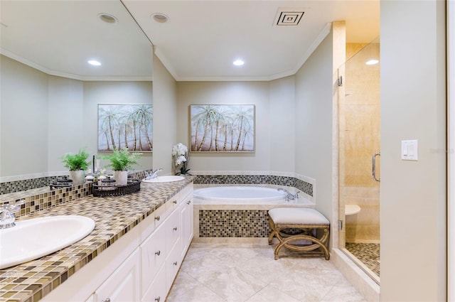 bathroom with vanity, ornamental molding, and plus walk in shower