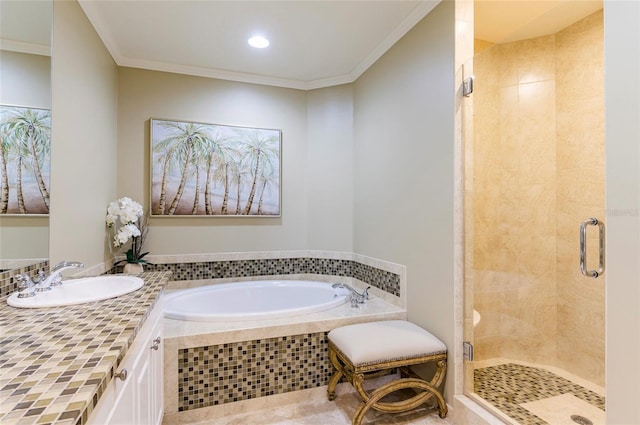 bathroom with sink, ornamental molding, and plus walk in shower