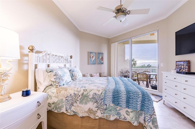 bedroom with ornamental molding, light tile patterned flooring, ceiling fan, and access to outside