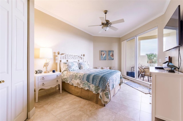 bedroom with ceiling fan, light tile patterned floors, a closet, and crown molding