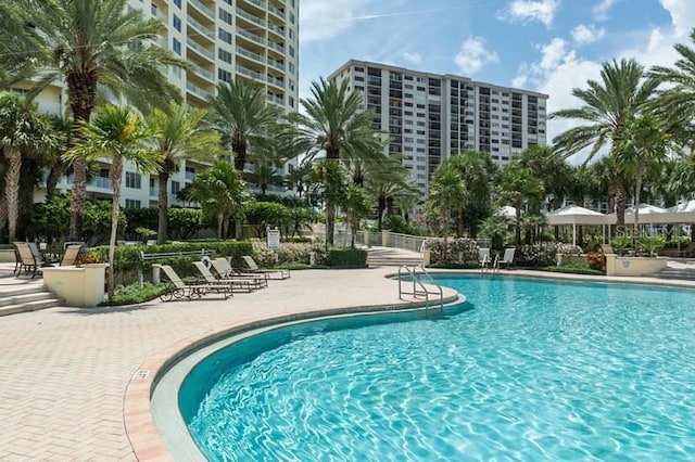 view of swimming pool featuring a patio