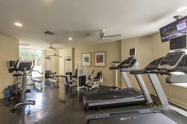 exercise room featuring ceiling fan