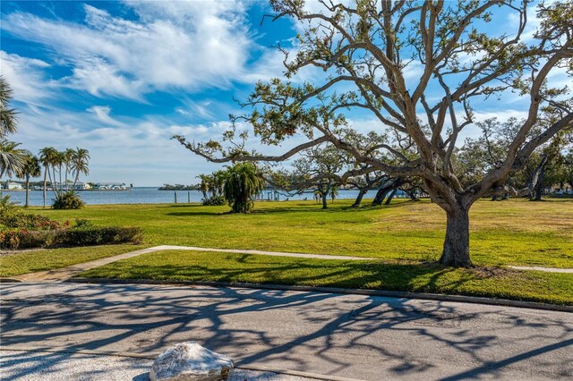 view of home's community featuring a water view and a lawn