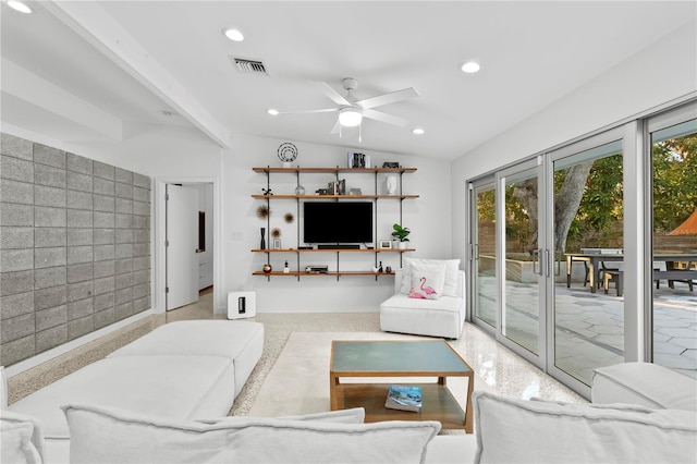 living room with vaulted ceiling with beams and ceiling fan