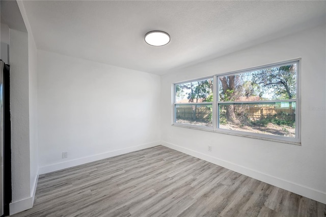 spare room with a healthy amount of sunlight, a textured ceiling, and light hardwood / wood-style flooring