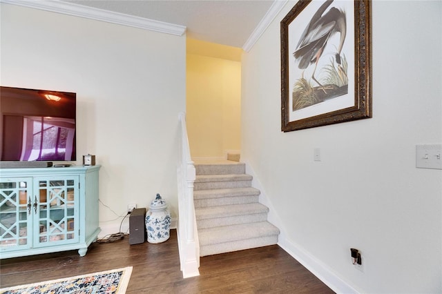 stairway with wood-type flooring and crown molding