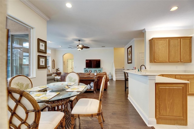 dining space featuring ceiling fan, crown molding, and hardwood / wood-style flooring