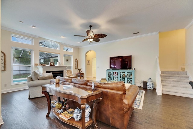 living room featuring ceiling fan, dark hardwood / wood-style floors, and crown molding