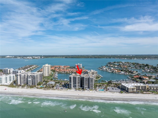 drone / aerial view with a water view and a view of the beach