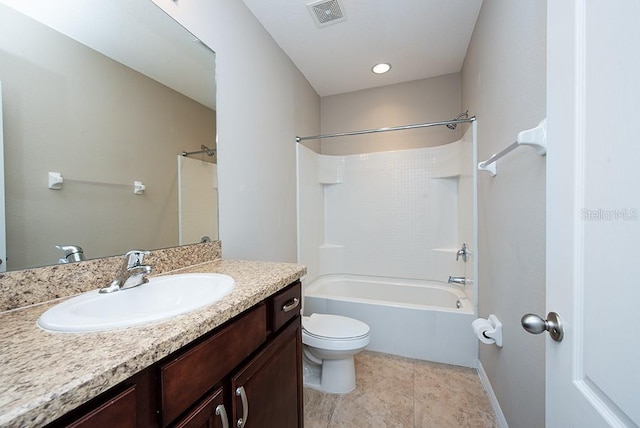 full bathroom featuring tile patterned flooring, vanity,  shower combination, and toilet