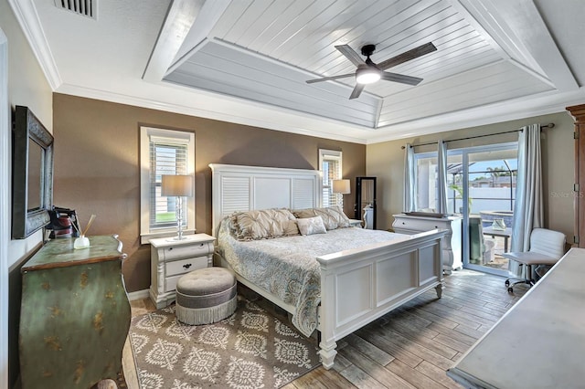 bedroom featuring crown molding, ceiling fan, and wood ceiling