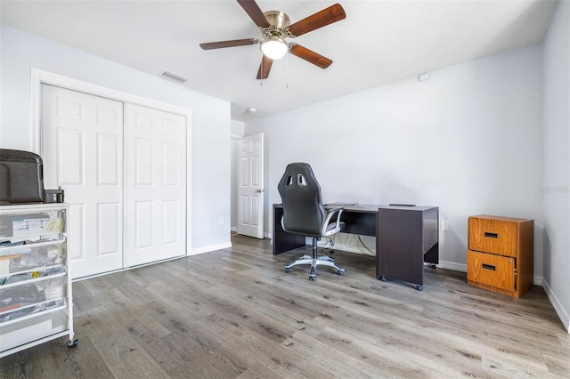 home office with hardwood / wood-style floors and ceiling fan