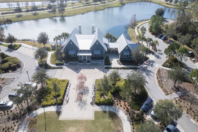 drone / aerial view with a water view