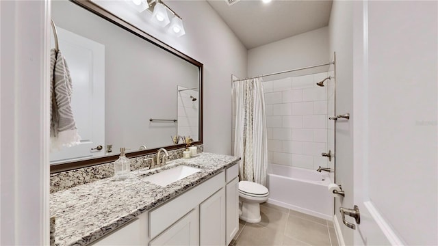 full bathroom featuring shower / bath combination with curtain, vanity, toilet, and tile patterned flooring