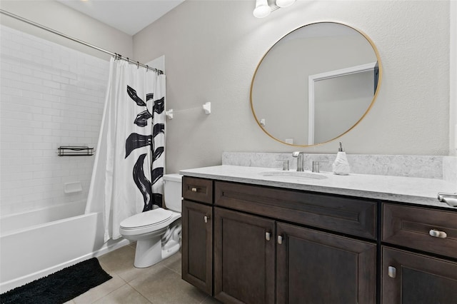 full bathroom featuring shower / bath combination with curtain, tile patterned floors, vanity, and toilet