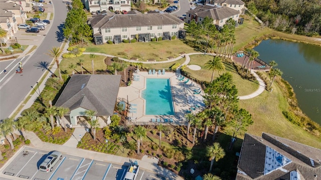 aerial view featuring a water view