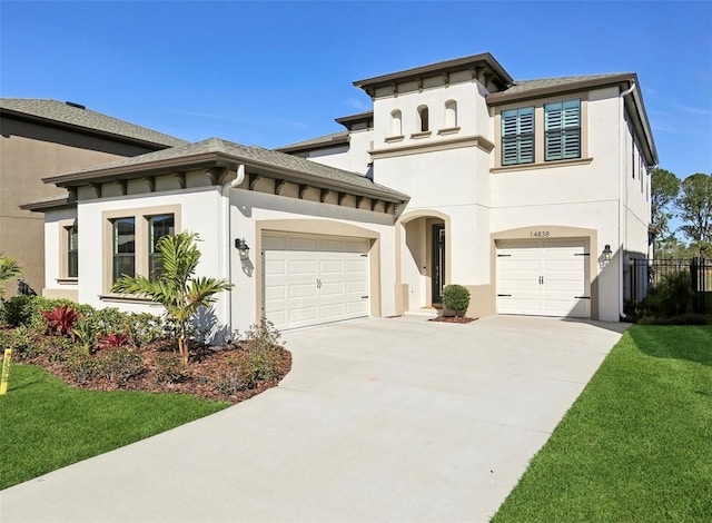 view of front of property with driveway, a garage, a front yard, and stucco siding