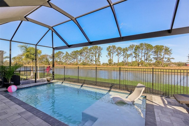 view of swimming pool featuring a fenced in pool, a patio, a fenced backyard, a water view, and a lanai