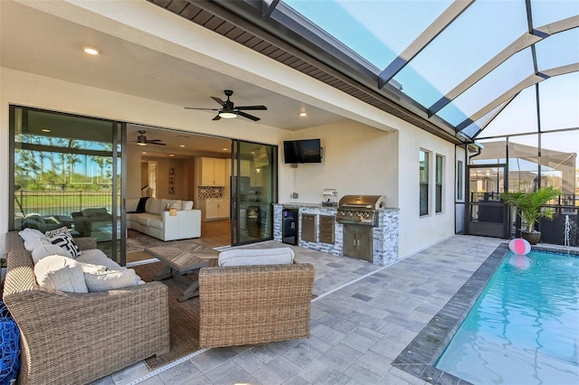 view of patio featuring glass enclosure, area for grilling, an outdoor living space, and an outdoor pool