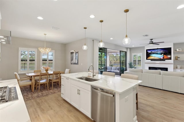 kitchen featuring stainless steel dishwasher, a sink, a wealth of natural light, and light wood-style floors