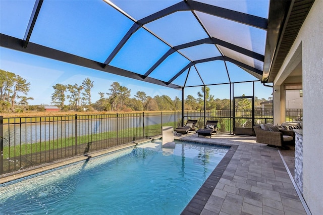 view of pool featuring a fenced in pool, glass enclosure, a patio area, and fence