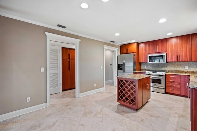 kitchen with stainless steel appliances, light stone counters, ornamental molding, and decorative backsplash