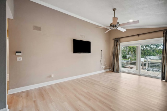 unfurnished living room with ceiling fan, crown molding, light hardwood / wood-style floors, and lofted ceiling