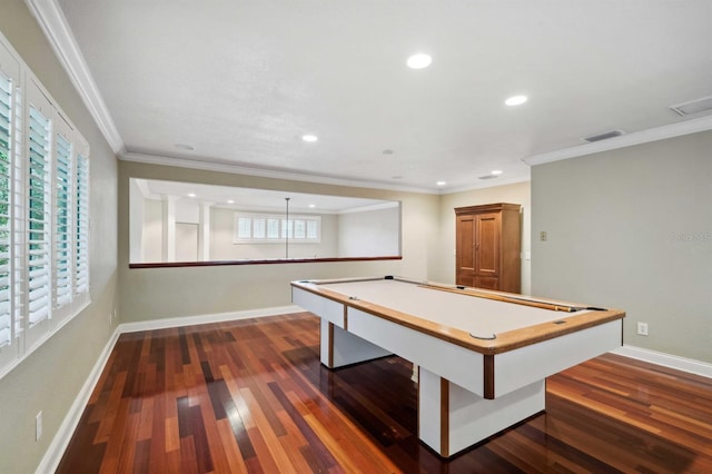 recreation room featuring dark wood-type flooring, billiards, and ornamental molding