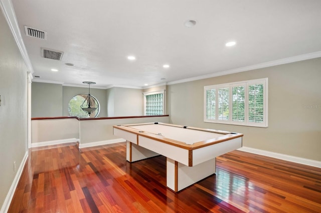 playroom with pool table, dark hardwood / wood-style flooring, and ornamental molding