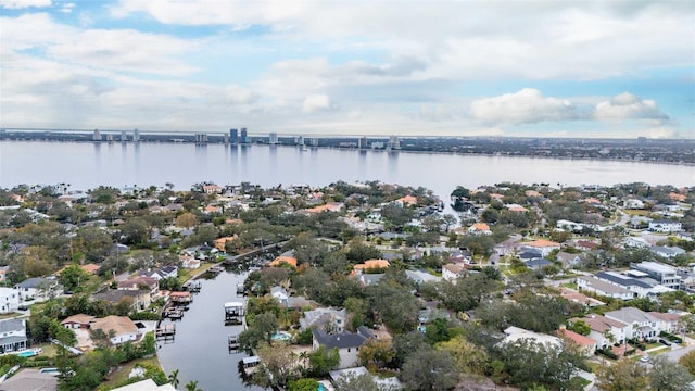 drone / aerial view featuring a water view