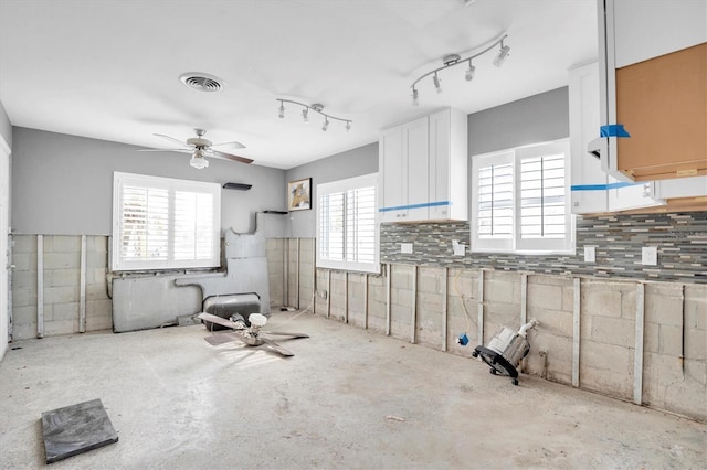 kitchen with white cabinetry, plenty of natural light, and ceiling fan