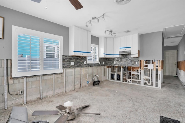 kitchen featuring white cabinetry and ceiling fan