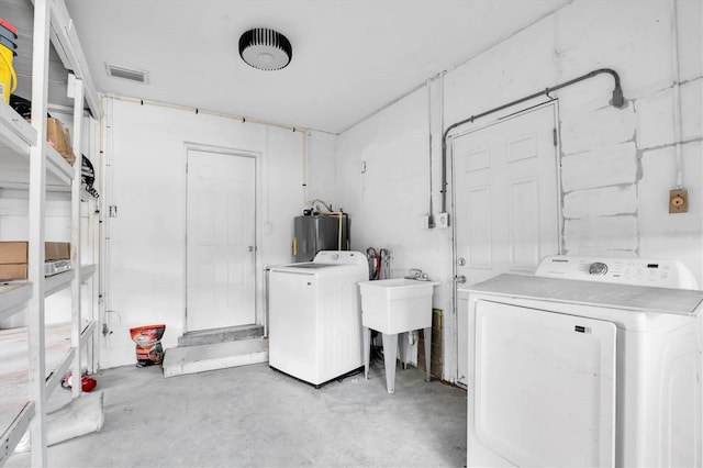 laundry area with independent washer and dryer and water heater