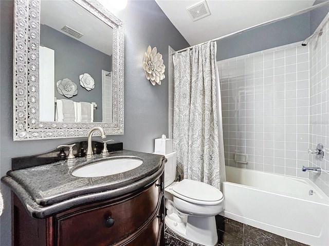 full bathroom with shower / bath combination with curtain, tile patterned floors, vanity, and toilet