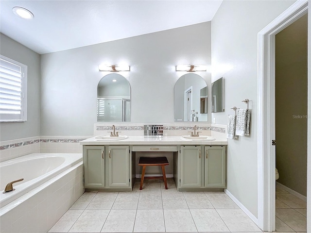 full bathroom featuring vanity, plus walk in shower, tile patterned floors, and toilet