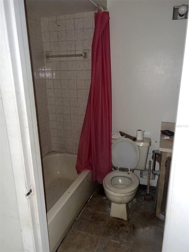 bathroom with toilet and shower / bathtub combination with curtain