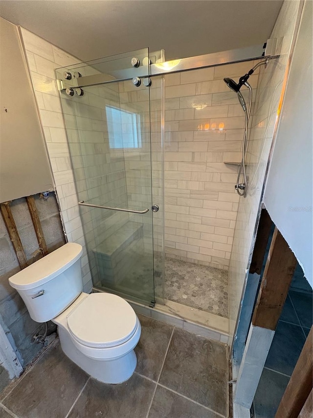 bathroom with toilet and a shower with door