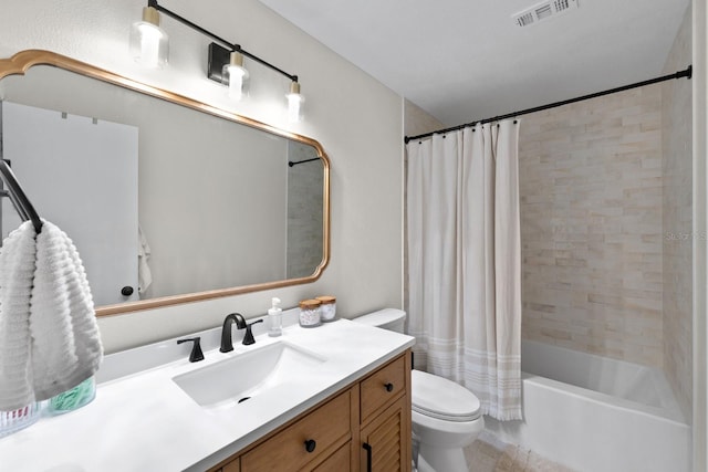 full bathroom with shower / bath combo with shower curtain, toilet, and vanity