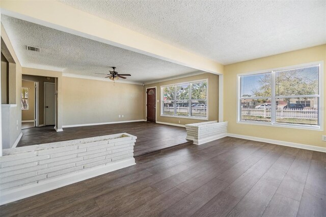 5130 Dr Martin Luther King Jr St S, Saint Petersburg, FL 33705 - unfurnished living room featuring visible vents, baseboards, dark wood-type flooring, and ceiling fan