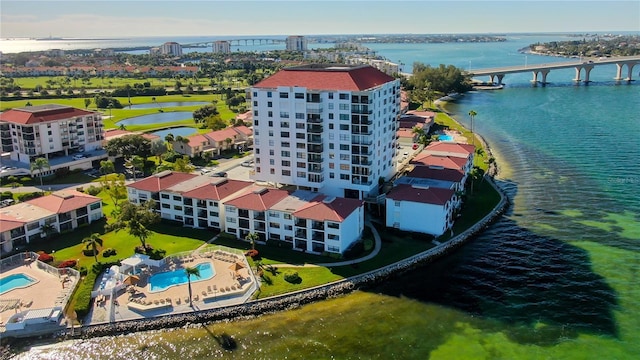 birds eye view of property featuring a water view