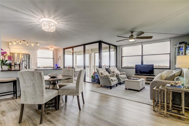 dining area with floor to ceiling windows, ceiling fan, and light wood-type flooring